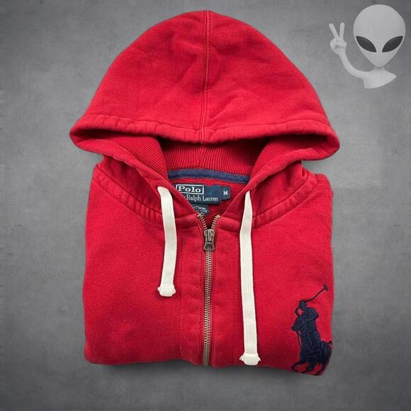 Polo Ralph Lauren Hoodie Medium Red Big Pony Full Zip Jacket Vintage 90s - Picture 6 of 6